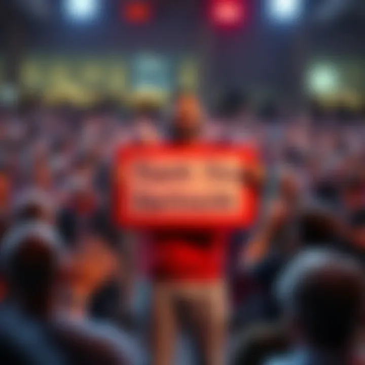 A person standing in front of a crowd, holding a sign that says 'Thank You Hartrockk' with a big smile, surrounded by people clapping and cheering.