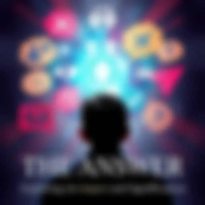 A person pondering the meaning of 'The Answer,' surrounded by thought bubbles and symbols representing different perspectives.
