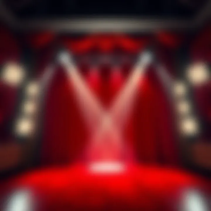 A theater stage set with bright spotlights shining down on a red curtain, creating an inviting atmosphere for tonight's play.