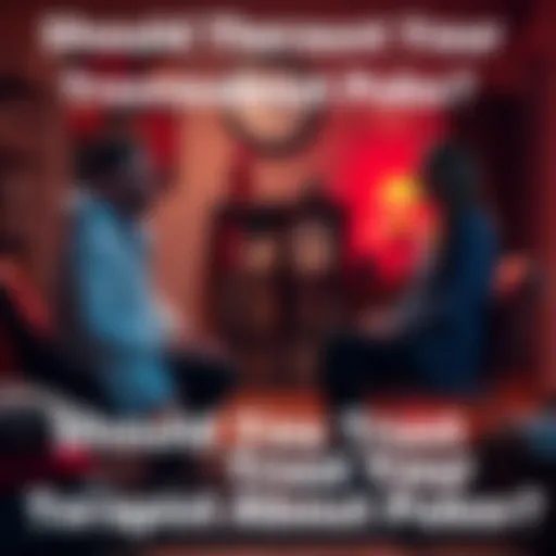 A therapist sits across from a client, discussing poker and suggesting yoga. The room is cozy with therapy tools in the background.