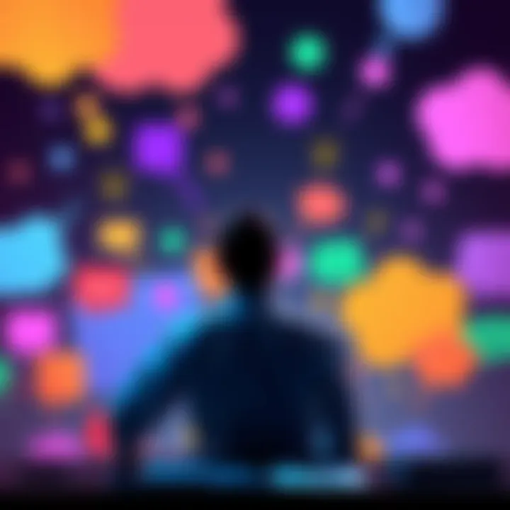 Thinking Process A person sitting at a desk surrounded by colorful thought bubbles representing creativity and ideas, with a notepad and pen in hand.
