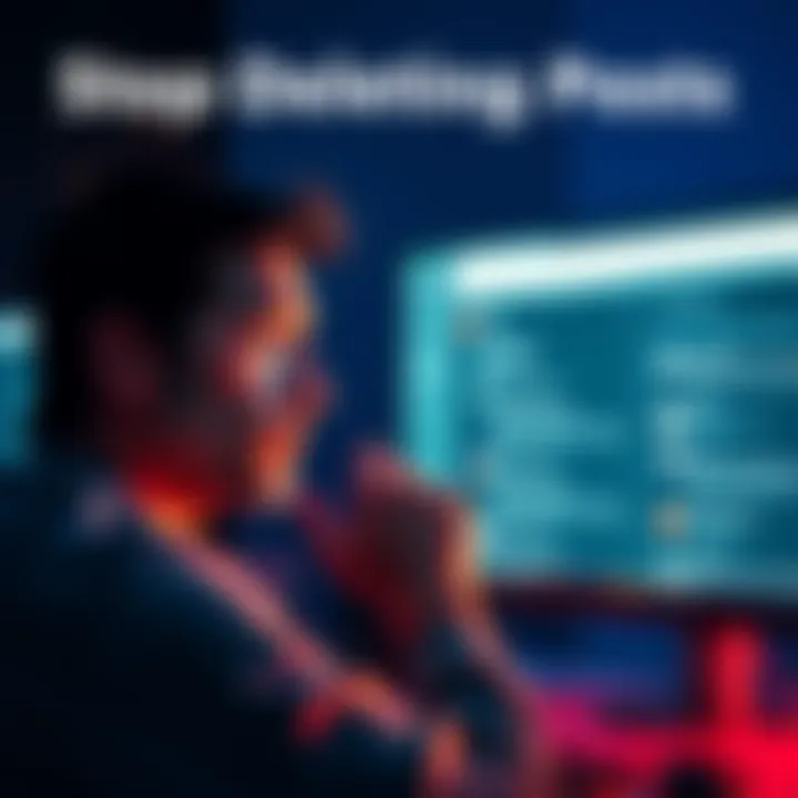 A person with a concerned expression looking at a computer screen displaying a forum post, symbolizing the dilemma of deleting online content.