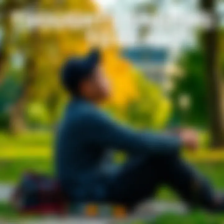 Thoughts Shaping Reality A person sitting peacefully in a park, reflecting on their thoughts with a serene expression, surrounded by nature.