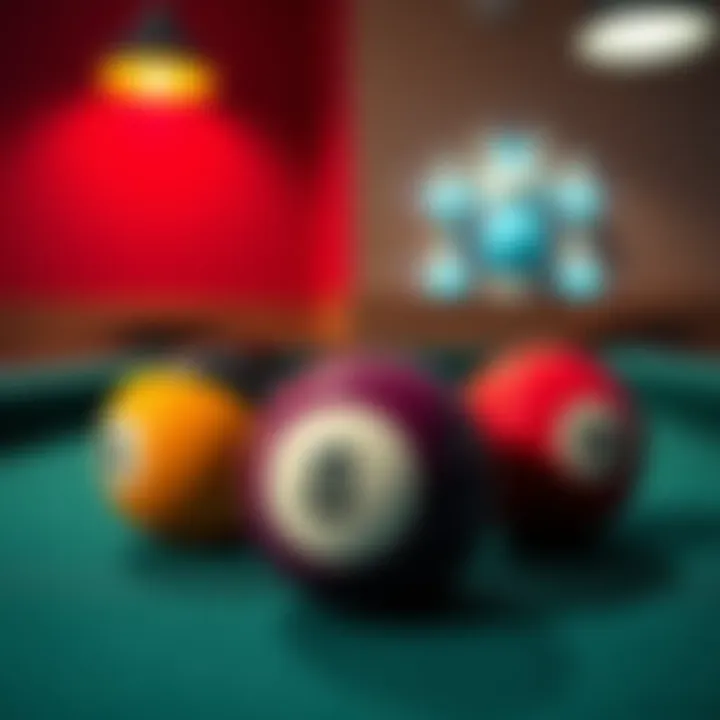 Three colorful billiard balls set up for a game on a felt table