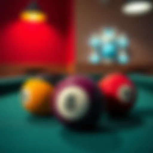 Three billiard balls on a table Three colorful billiard balls set up for a game on a felt table