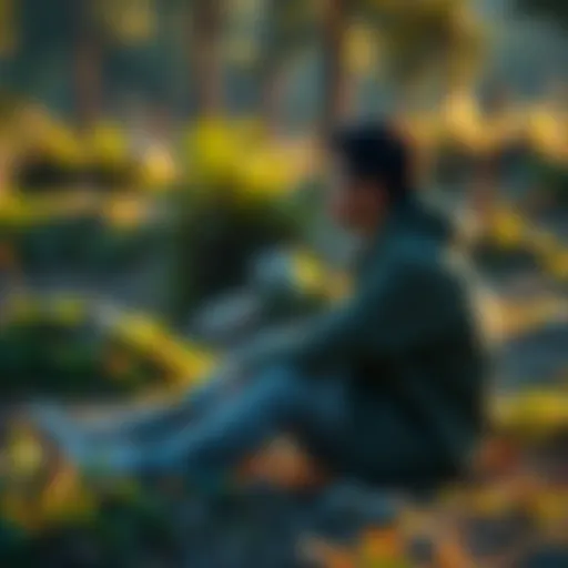 A person reflecting on life while sitting on the ground surrounded by nature, showcasing simplicity and mindfulness
