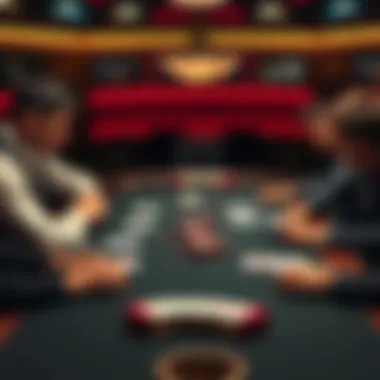 Players at a poker table with three hole cards, analyzing their hands alongside a three-card flop and an additional turn card.