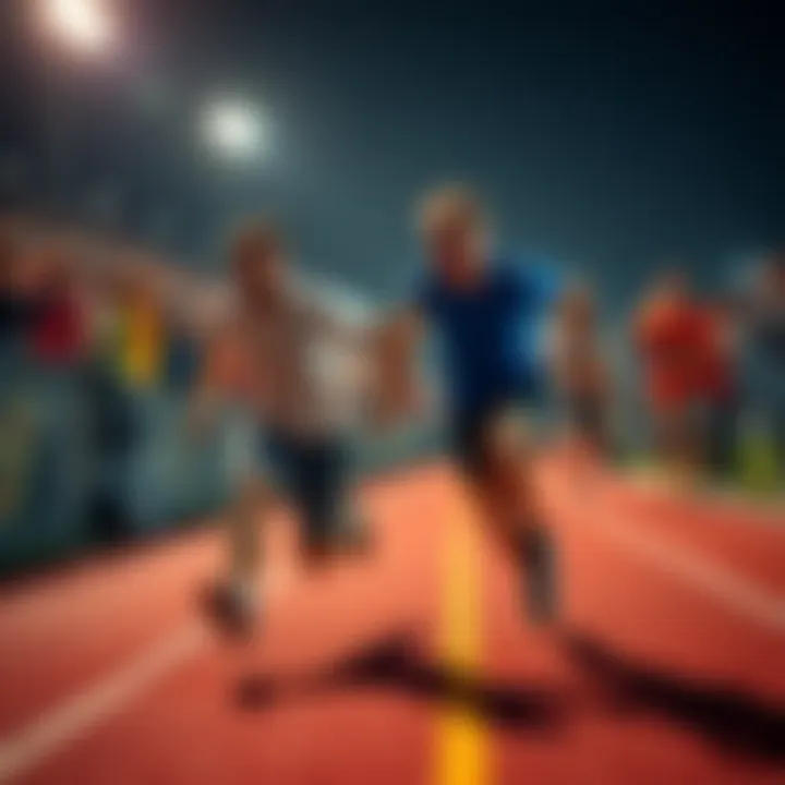 Two people tied together racing in a three-legged race with spectators cheering in the background