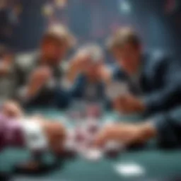 Three Players All In on Flop Three poker players showing their cards and pushing chips into the pot after the flop, revealing their straights in a tense moment.