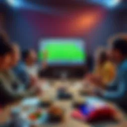 A group of friends cheering while watching a football game on TV, with betting slips and snacks on the table