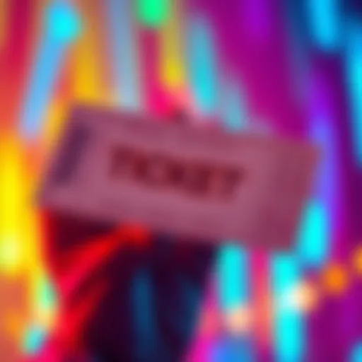 A close-up of a vibrant event ticket with highlights indicating it's the last one available for today, set against a colorful background.