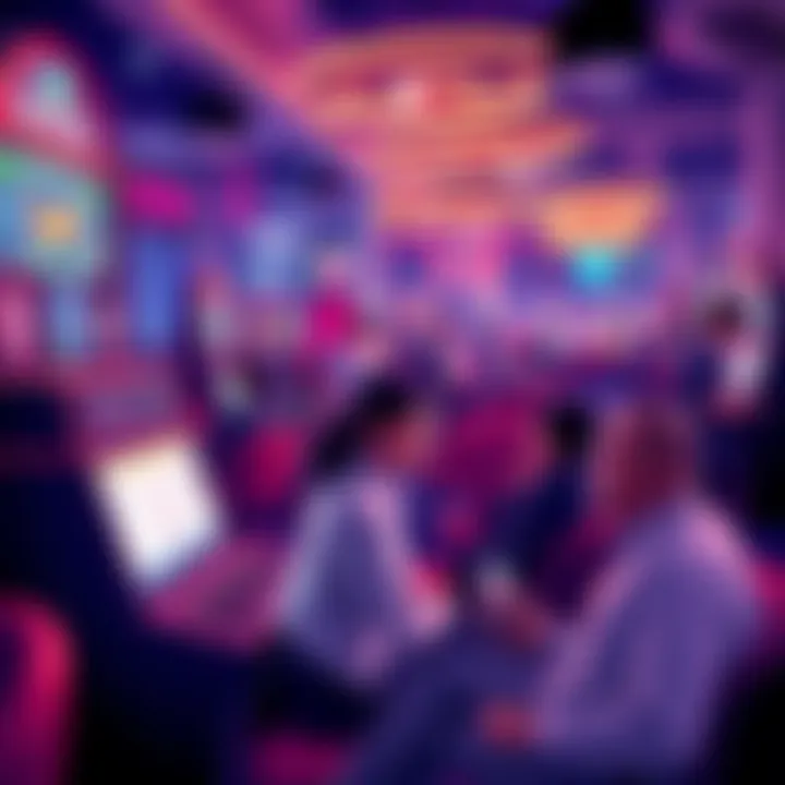 A lively scene showcasing ticket sales and gaming excitement with people discussing bets and strategies.