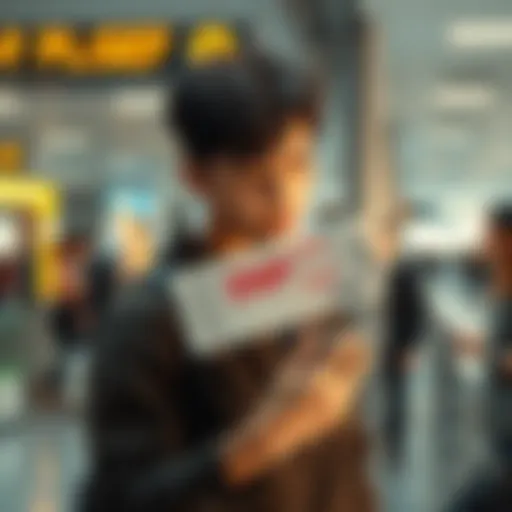 A frustrated traveler holds a boarding pass with a red stamp indicating a DNP issue while standing in front of a ticketing counter.