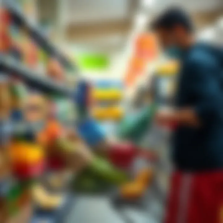 Grocery shopping on a tight budget A person filling a small shopping cart with affordable groceries at a store, showcasing careful budgeting efforts