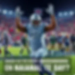 Tight End Touchdown Celebration A football player in a jersey celebrates a touchdown, surrounded by teammates on the field, with fans cheering in the background.