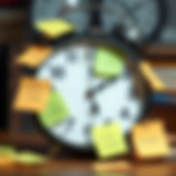 A clock with post-it notes around it showing ways to save time and money