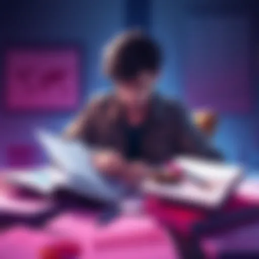 A player studying game strategies for P5, surrounded by notebooks and charts