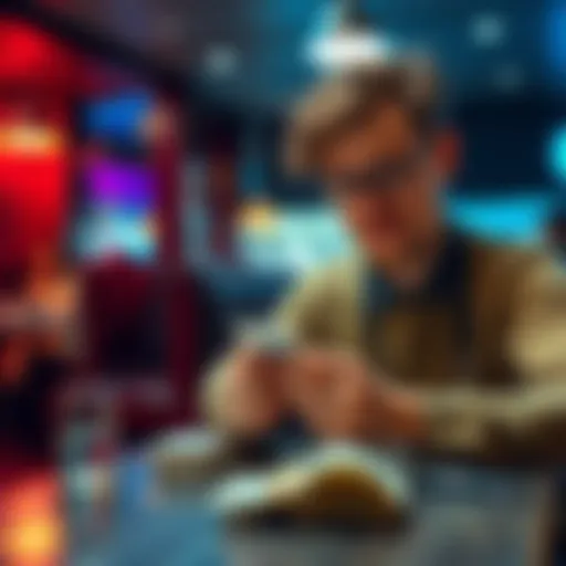 A person with a modest bankroll considering a tip while handling cash at a restaurant table