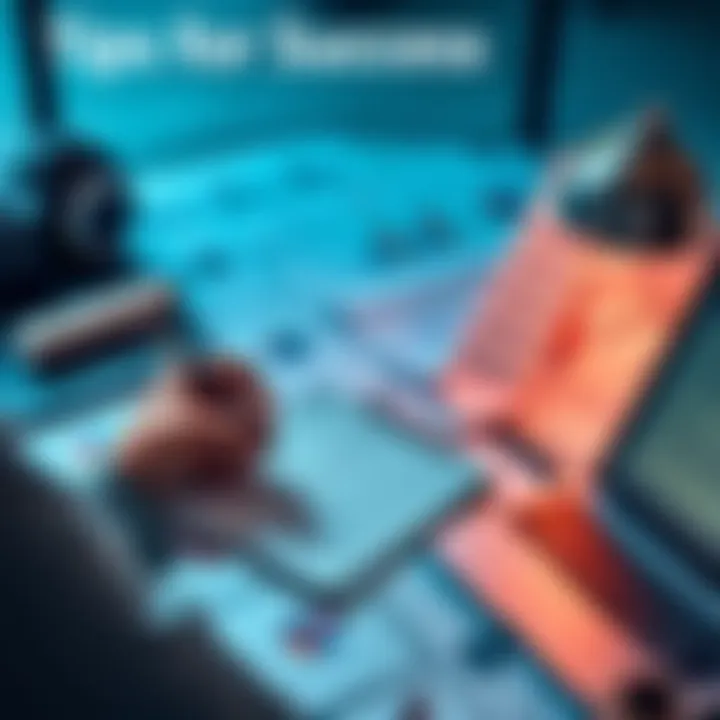 A person writing notes on a notepad, surrounded by plans and a laptop, focused on productivity.