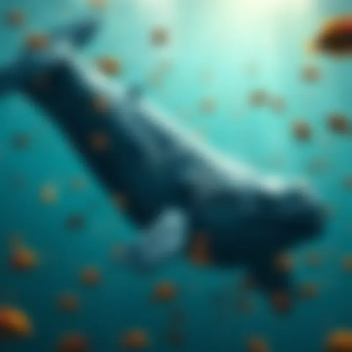 A playful whale floating on the surface, tipsy and surrounded by colorful fish as it reveals funny secrets in the ocean.