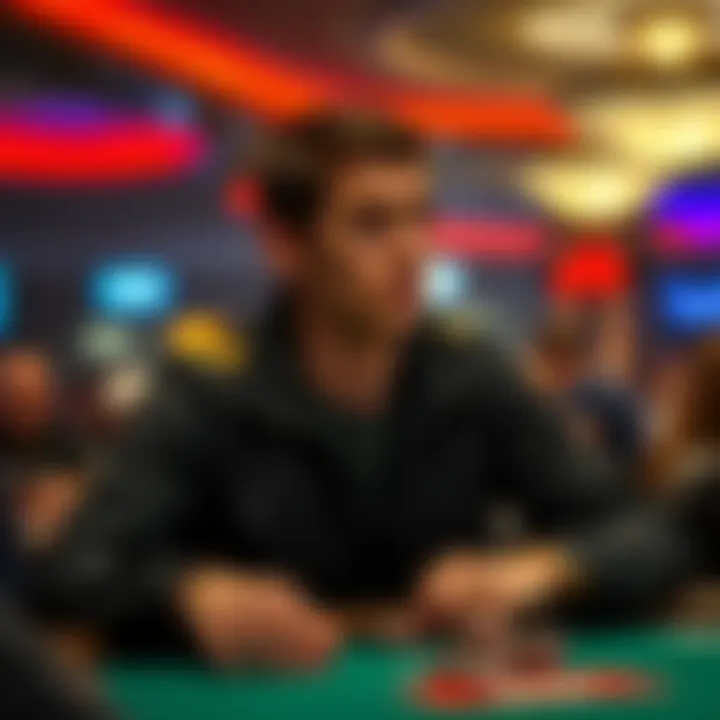 Tom Dwan addressing the audience at a poker table, looking serious and thoughtful, with poker chips and cards in front of him.