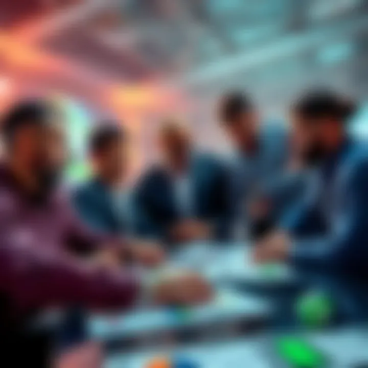 A group of expert sports bettors discussing their strategies and game choices at a table with charts and betting slips.