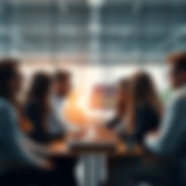 A diverse group of professionals discussing innovative HR strategies in a modern office setting.