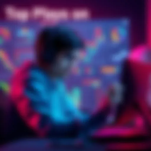 A gamer analyzing top strategies on Pikkit with charts and graphs in the background