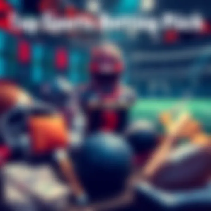 Illustration of a sports betting scene with odds displayed, showing various sports equipment, money, and betting slips