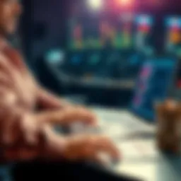 A person analyzing sports betting odds with a laptop and betting slips on a table