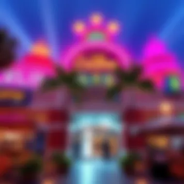 A vibrant exterior of a popular Southern California casino, showcasing bright lights and palm trees, inviting guests to enter.