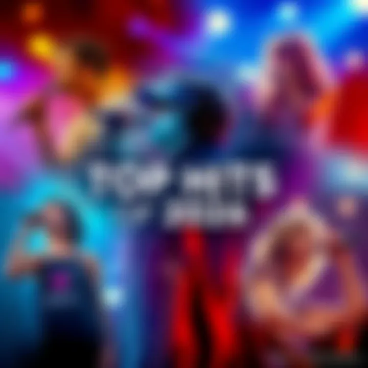 A collage of popular music artists performing their hit songs from 2026, showcasing the diversity and energy of the year's music scene.