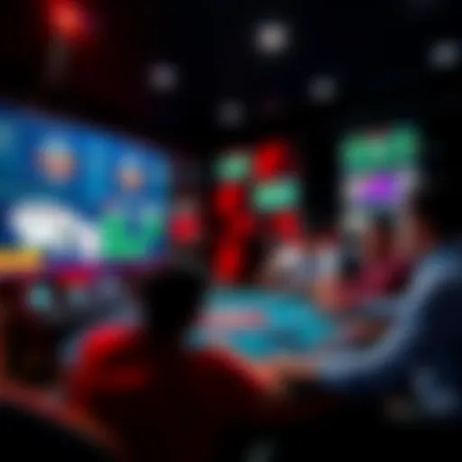 A group of poker players engaging in a game online, highlighting various platforms on screens.