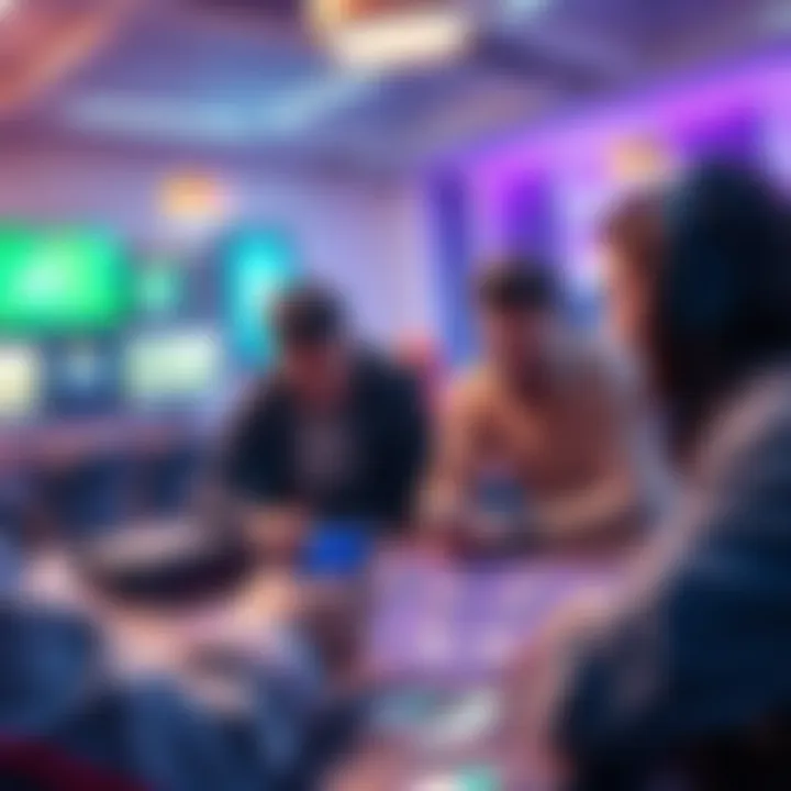 Players discussing strategies for early Pikkit games with game boards and cards