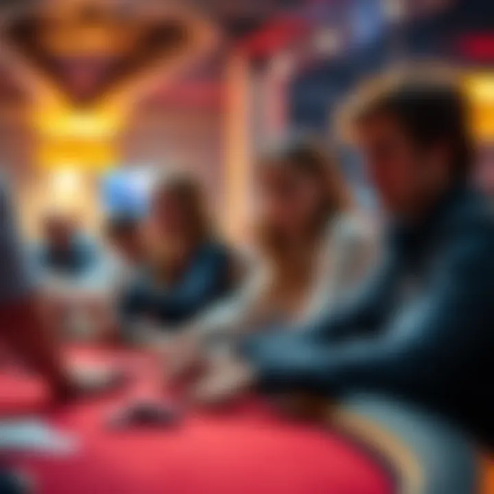 Top Players Competing in Tournament A group of skilled poker players, including Kristen and Alex Foxen, facing off against amateurs in a large tournament setting, showcasing the mix of strategy and chance.