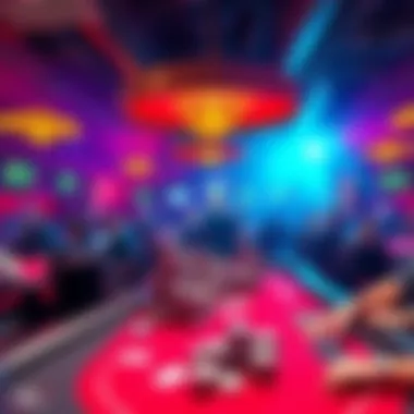 A vibrant poker room filled with players at tables, chips stacked high, and cards being dealt, showcasing an exciting atmosphere for winning.