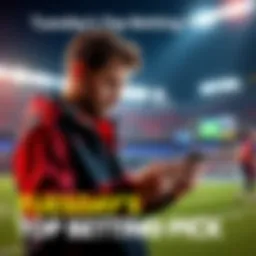 A sports bettor reviewing betting odds on a smartphone with a football game in the background