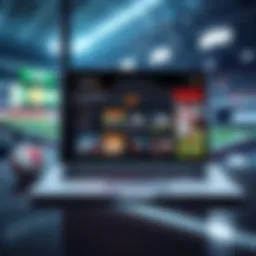 A laptop displaying sportsbook betting options with sports graphics in the background.