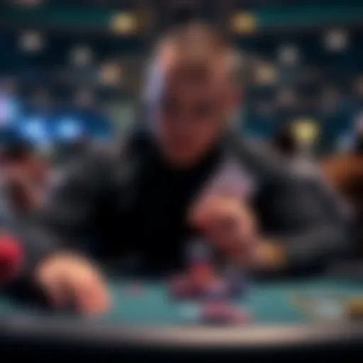 A poker player considering options with pocket eights while seated at a tournament table, focused on the chips in front of them.