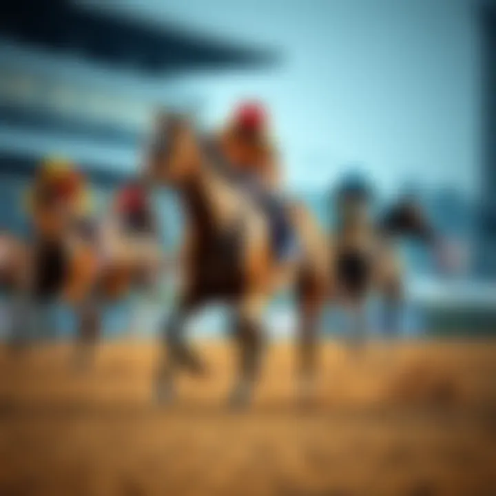 Tower Twenty-Two, a brown racehorse, sprinting ahead in Aqueduct Race 8 with jockey urging for speed.