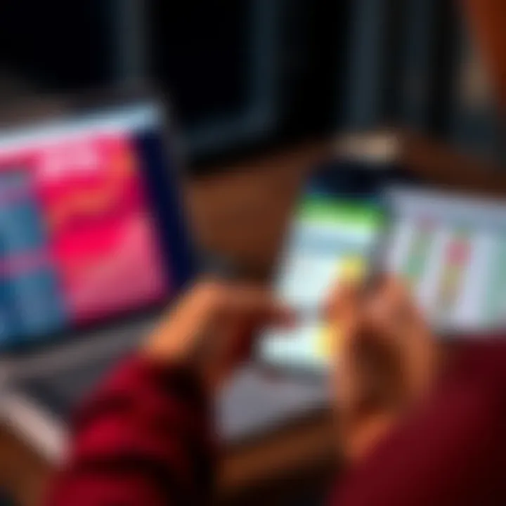 A person using a smartphone app to track their betting results with a spreadsheet on a laptop nearby.