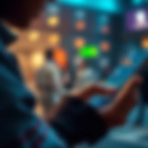 A close-up of a person checking their bank deposits on a smartphone, with financial graphics displayed on the screen