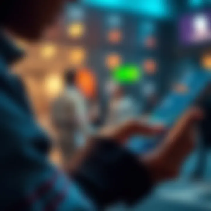 A close-up of a person checking their bank deposits on a smartphone, with financial graphics displayed on the screen