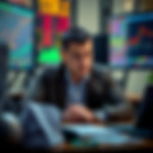 A somber trader sitting at a desk, looking at financial charts and graphs, reflecting on a recent $13K loss.
