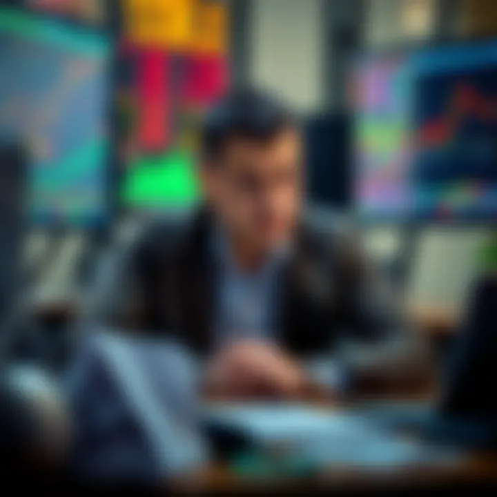 Trader Facing Loss A somber trader sitting at a desk, looking at financial charts and graphs, reflecting on a recent $13K loss.