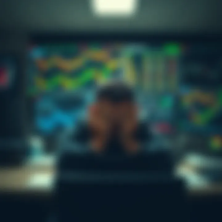 A trader sits at a desk with their head in their hands, surrounded by charts and trading screens, showing signs of distress after a trading loss.