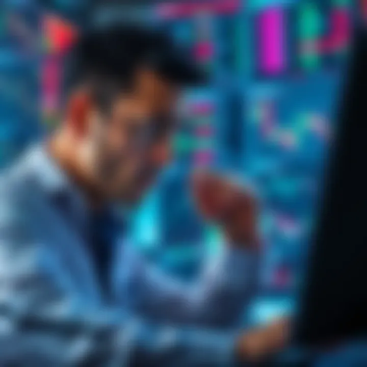 A trader looking worried at a computer screen filled with stock charts and numbers, reflecting on financial losses in options trading.