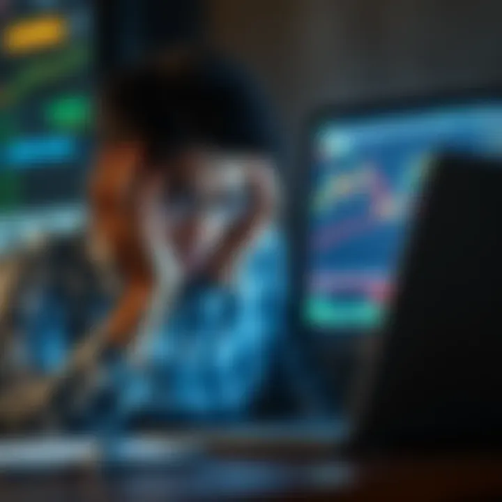 A trader looking worried, with a laptop displaying trading charts and a concerned expression, showing the impact of a significant financial loss