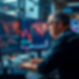 A trader looks at declining financial charts on a computer screen, reflecting stress and disappointment from recent trading losses.