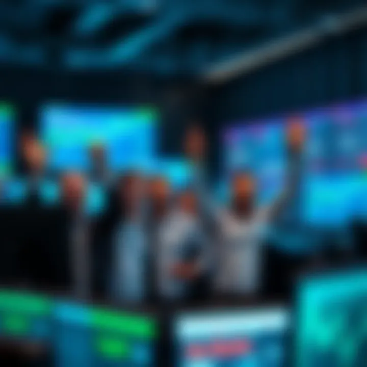 Traders celebrating profit A group of traders cheering together in front of computer screens showing rising stock charts and green profit indicators